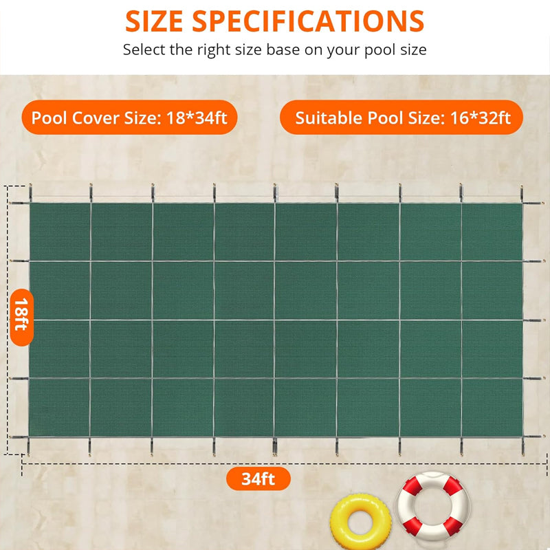 18x34ft Pool Safety Cover Rectangle Cover Winter Pool Cover High Strength Mesh PP Material