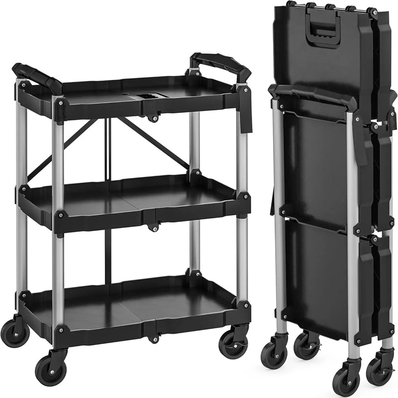 3-Tier Wheeled Portable Service Cart Low Duty Folding Utility Cart with Brakes for Kitchen-Made Plastic Tool Use