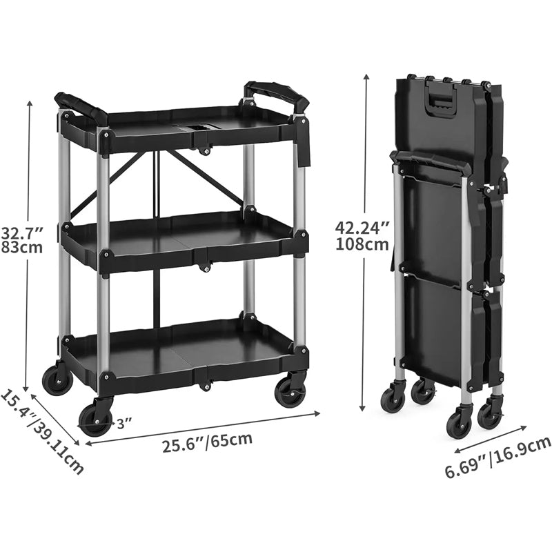 3-Tier Wheeled Portable Service Cart Low Duty Folding Utility Cart with Brakes for Kitchen-Made Plastic Tool Use