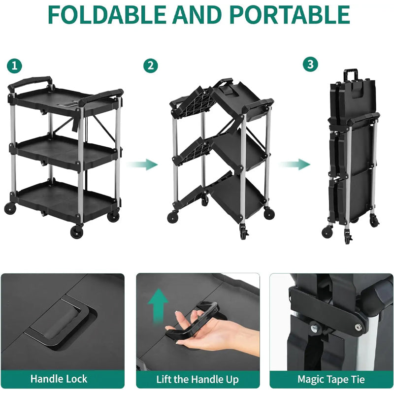 3-Tier Wheeled Portable Service Cart Low Duty Folding Utility Cart with Brakes for Kitchen-Made Plastic Tool Use