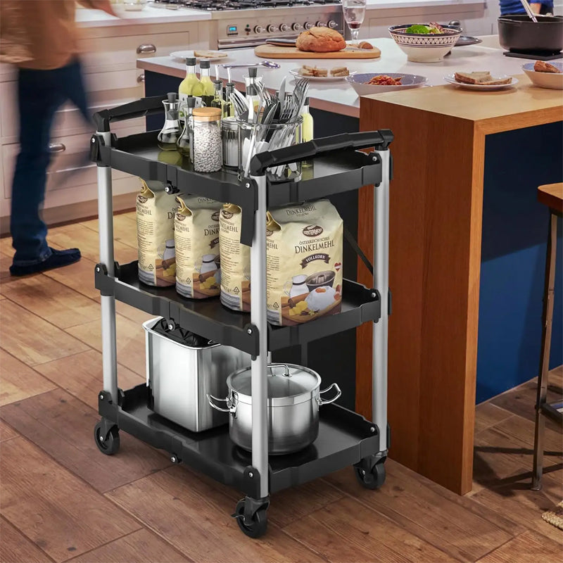 3-Tier Wheeled Portable Service Cart Low Duty Folding Utility Cart with Brakes for Kitchen-Made Plastic Tool Use