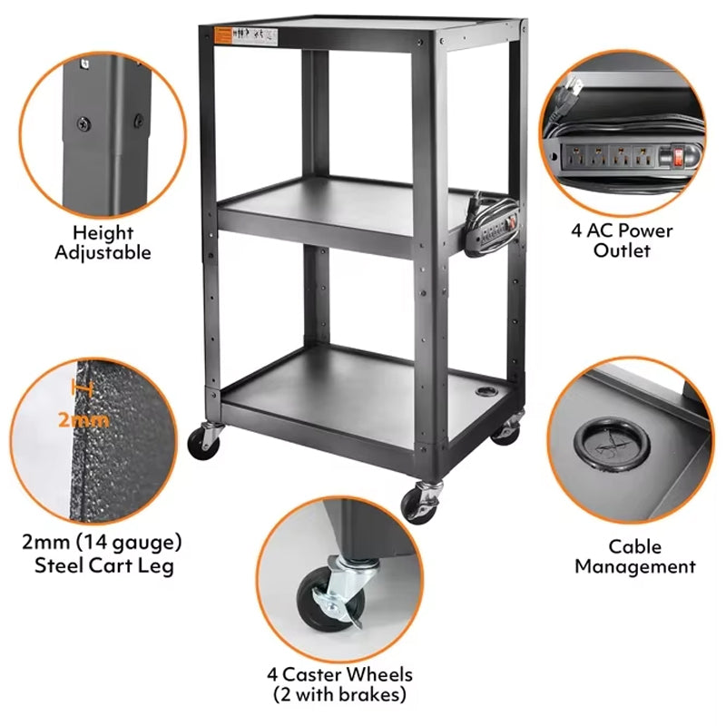 24-41" Height Adjustable Steel Cart Multi-Functional Cart With Power Outlets Movable Computer Work Station