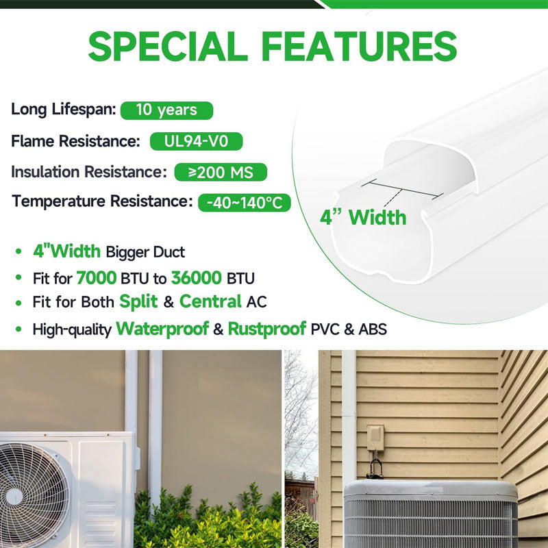 4” 11 Ft Mini Split Line Accessories Set Cover  PVC & PP Line Cover Set Universal for Ductless Mini Air Conditioners and Heat Pumps with Flexible Duct