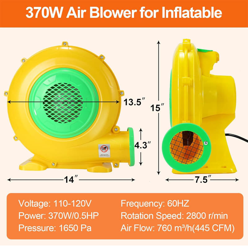 370W 0.5HP Air Blower Commercial Air Blower Double-sided Fan Blade for Small Bouncy Castle Jump Slides Inflatable Arch