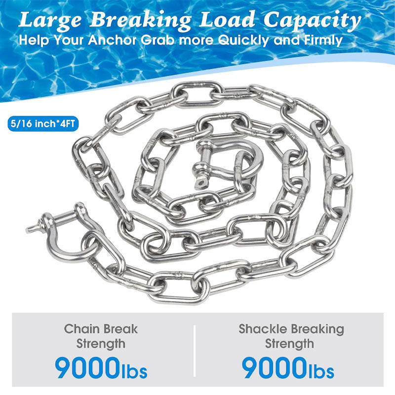 Marine Anchor Chain, 316 Stainless Steel Marine Grade Anchor Lead Chain With Double Locking Ring Shackle, Suitable For Different Anchors