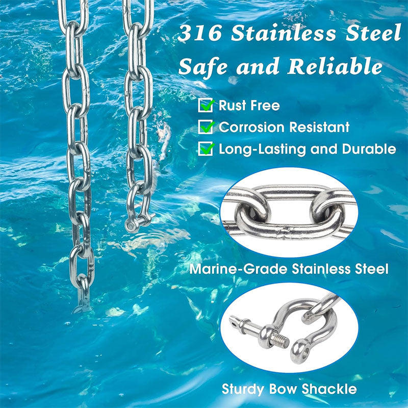 Marine Anchor Chain, 316 Stainless Steel Marine Grade Anchor Lead Chain With Double Locking Ring Shackle, Suitable For Different Anchors