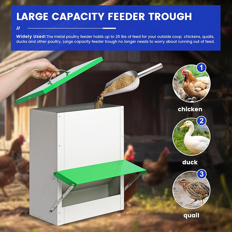 Outside Waterproof Large Chicken Coop Feeders 25lb Metal Automatic Chicken Feeders Poultry Feeder with Lid Hanging Chicken Feeder Trough for Quail Chickens Ducks