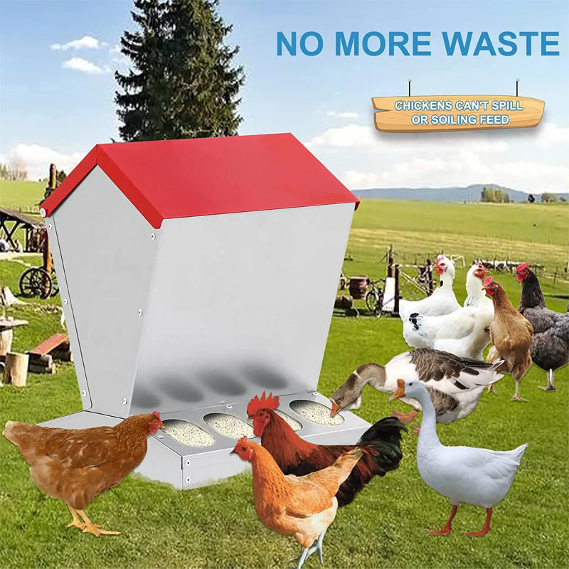 Outdoor Rain-Proof Food Metal 25lbs Capacity No Waste Chicken Feeder For Poultry Animals Feeding Food System