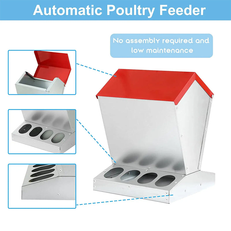 Outdoor Rain-Proof Food Metal 25lbs Capacity No Waste Chicken Feeder For Poultry Animals Feeding Food System