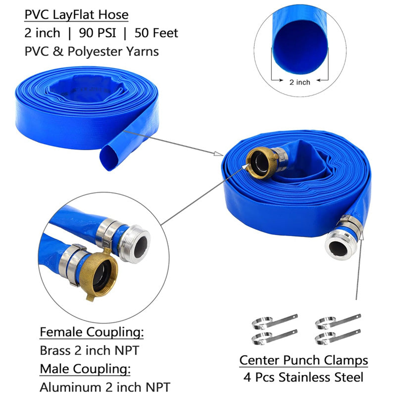 2 Inch ID × 50 Feet Pool Backwash Hose, Blue PVC Lay Flat Drain Pump Hose For Swimming Pool Draining And Cleaning Filter