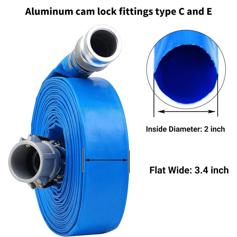 2" x 100' PVC Lay Flat Drain Hose For Swimming Pool Wastewater Drain, Blue