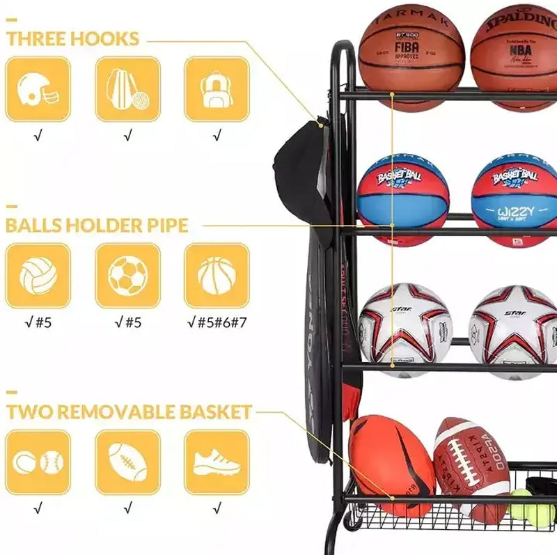 Large Capacity Metal Garage Sports Equipment Organizer Ball Toys Storage Rack For Sports Gear & Rolling Balls Rack