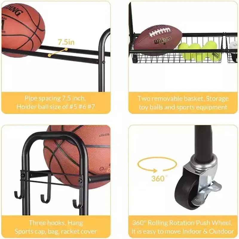 Large Capacity Metal Garage Sports Equipment Organizer Ball Toys Storage Rack For Sports Gear & Rolling Balls Rack