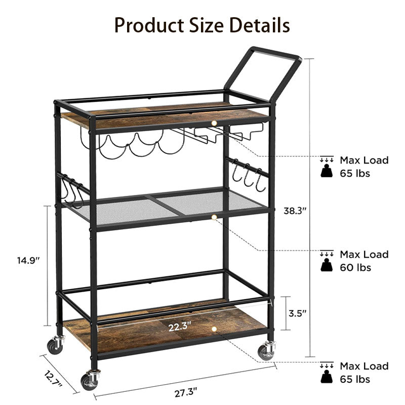 3-Tier Bar Cart, Multi-Purpose Portable Family Dining Cart, Height Adjustable