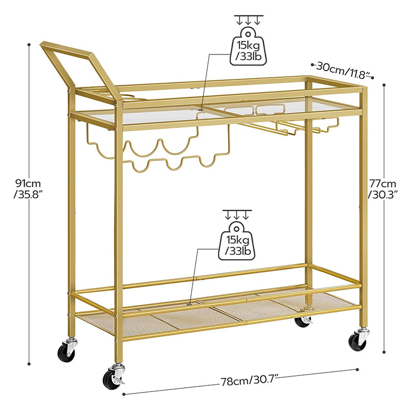 2-Tier Bar Cart Kitchen Cart with Wine Rack and Glass Holder Serving Cart with Wheels and Guard Rails for Dining Room, Living Room, Party, Bar,