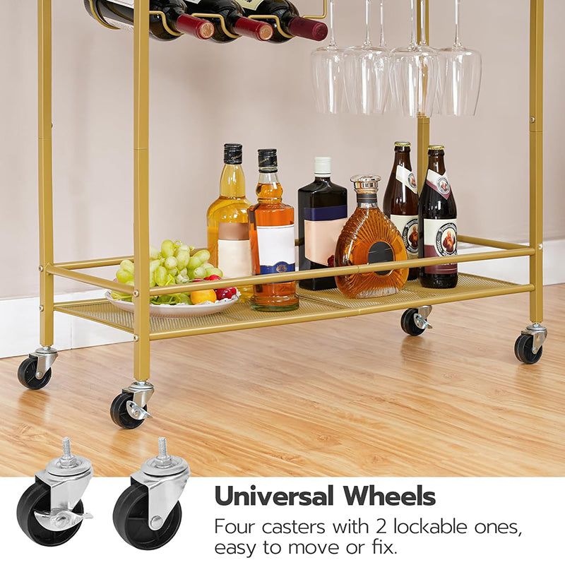 2-Tier Bar Cart Kitchen Cart with Wine Rack and Glass Holder Serving Cart with Wheels and Guard Rails for Dining Room, Living Room, Party, Bar,