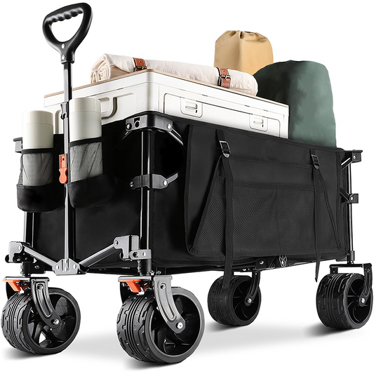 130L foldable four-wheel cart, beach cart with large wheels, practical grocery cart with side bags and brakes, suitable for camping sports outdoor activities