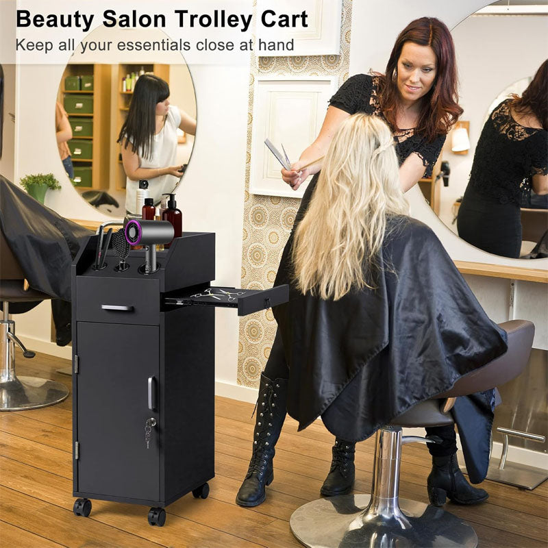Beauty Hairdressing Cart Hair Salon Storage Cart with Wheels 3 Hair Dryer Holders & 4 Drawers & Lock & 2 Keys