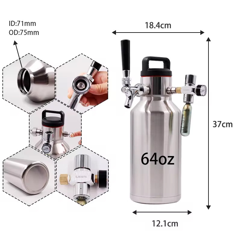 64Oz Double-Layer Barrel Stainless Steel Mini Pressurized Draft Beer Brewing Barrel Wine Spear Set Mini Wine Container
