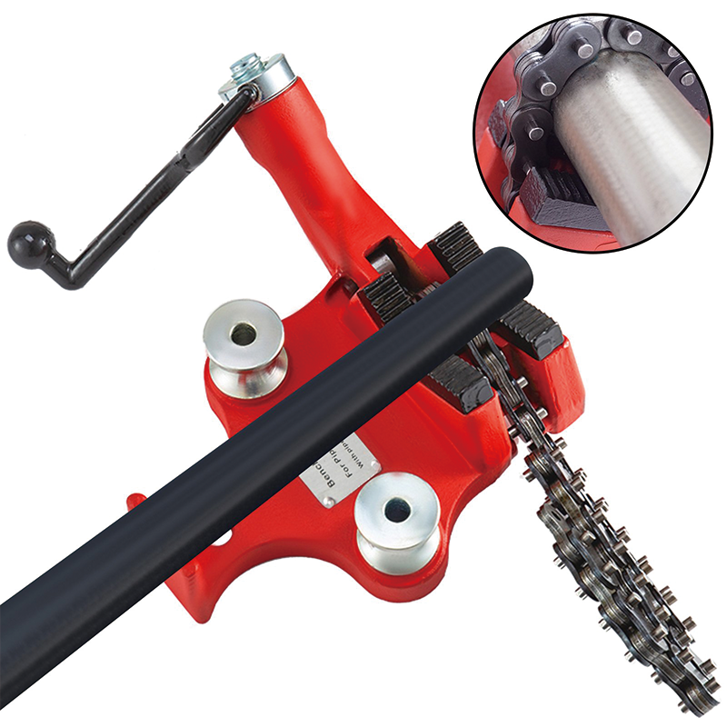 Screw Bench Chain Vise 1/8 to 5-Inch Pipe Capacity, Heavy Duty Bench Chain Pipe Vise with Crank Handle, Neoprene-Coated Jaw, Cast Iron Material Ideal for a Variety of Pipes