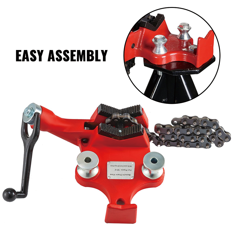 Screw Bench Chain Vise 1/8 to 5-Inch Pipe Capacity, Heavy Duty Bench Chain Pipe Vise with Crank Handle, Neoprene-Coated Jaw, Cast Iron Material Ideal for a Variety of Pipes