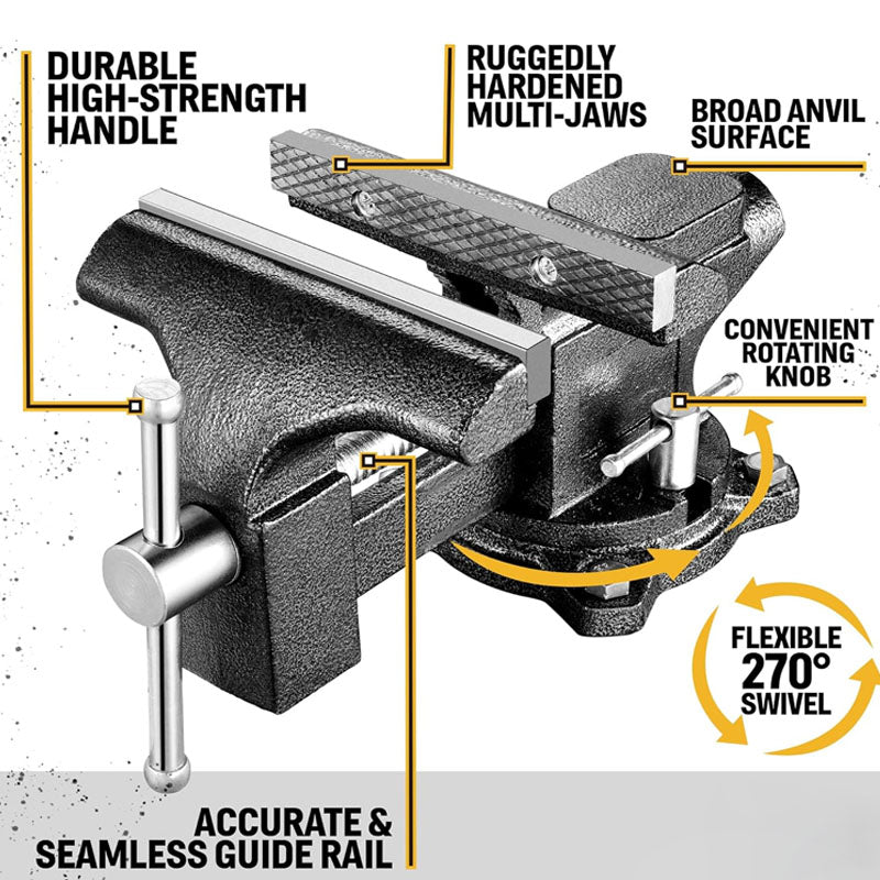 6” - Table Vice For Workbench Utility Vise with Heavy Duty Cast Iron Multi-Jaw 270 Degree Swivel Base Larger Anvil Easy Adjustment for Woodworking