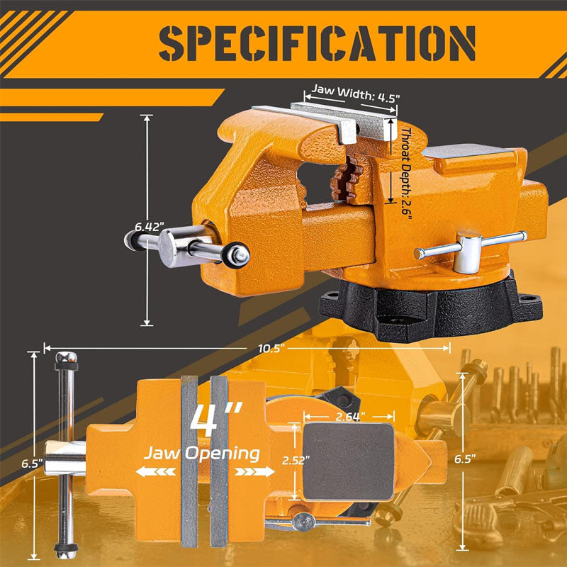 Bench Vise 4.5-Inch Heavy Duty Vise 210° Swivel Base Multi-Purpose Vise for Clamping Fixing Equipment Home or Industrial Use Bench Vise