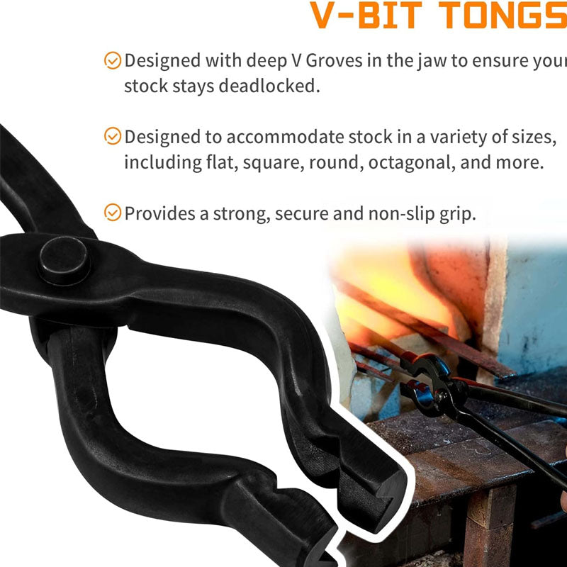 2PCS 16'' Wolf Jaw Tongs & 17'' V-Bit Blacksmith Tongs Starter Beginner Bladesmith Anvil Vise Forge Tool Kit