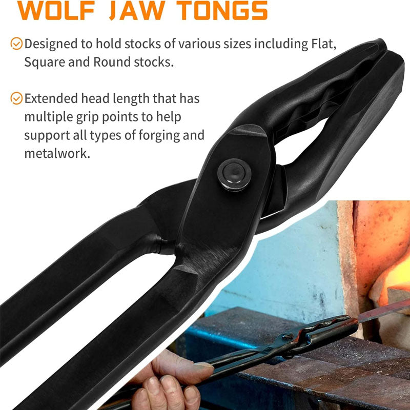 2PCS 16'' Wolf Jaw Tongs & 17'' V-Bit Blacksmith Tongs Starter Beginner Bladesmith Anvil Vise Forge Tool Kit