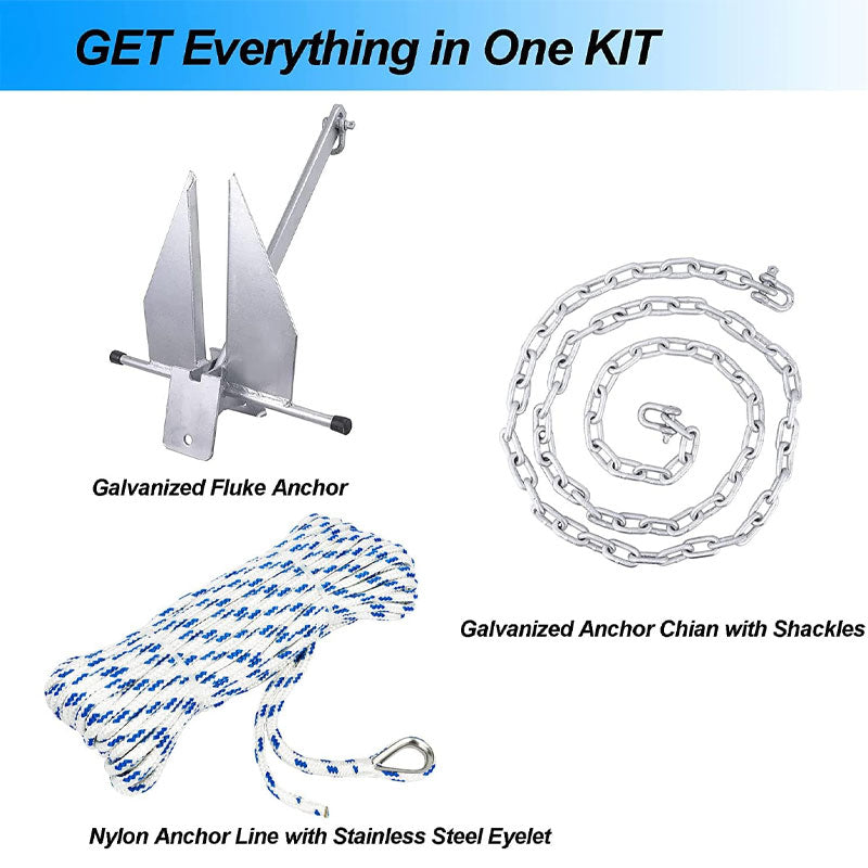 Galvanized Fluke Type Anchor Kit, Including Galvanized Fluke, Rope, Shackle, Chain 8LB