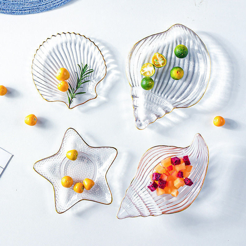Creative Ocean Style Gold-Rimmed Glass Shell Plates, Crystal Glass Plates, Dessert Plates