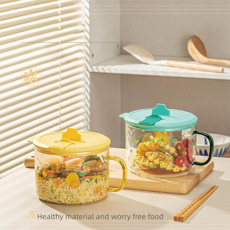 Simple Glass Instant Noodle Bowl With Lid, Large Ins Style Student Dormitory Artifact, Lunch Box For Office Workers, Home Printing With Lid