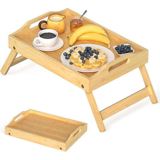 Breakfast Trays Breakfast Bed Tray For Eating - Foldable Food Laptop Table - Portable Bamboo Raised Serving Tray - Snack Platter With Folding Legs, Eating For Bedroom, Picnic, Sofa - Natural