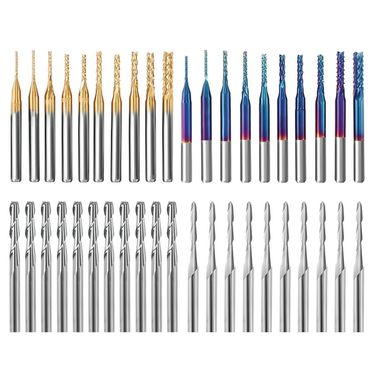 End Mills CNC Router Bits 40pcs ,1/8" Shank,CNC Cutter Milling Carving Bit Set Including 2-Flute Flat Nose & Ball Nose End Mill, Nano Blue Coat & Titanium Coat CNC Bits