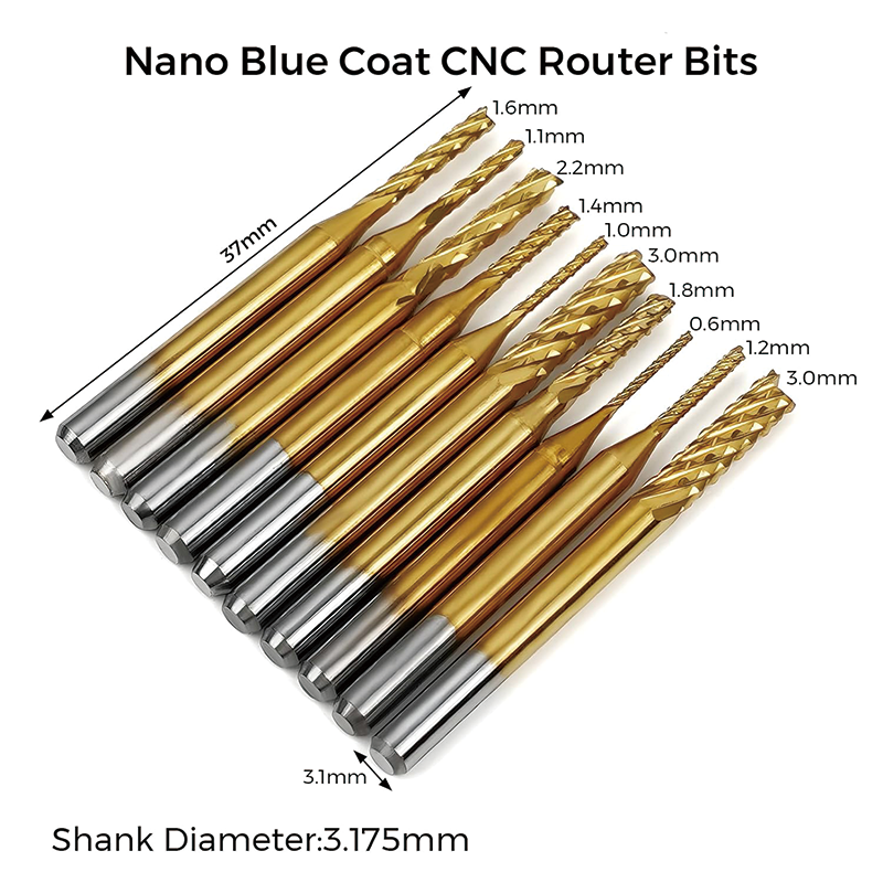 End Mills CNC Router Bits Kit,1/8" Shank,Titanium Coat End Mill, Nano Blue Coat End Mill,Set Including 2-Flute Flat Nose & Ball Nose End Mill,CNC Cutter Milling Carving Bit
