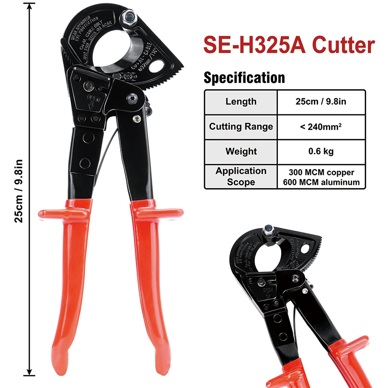 Ratcheting Cable Cutter Heavy Duty, Cutting Aluminum Copper Soft Wire up to 240 mm² /600 MCM