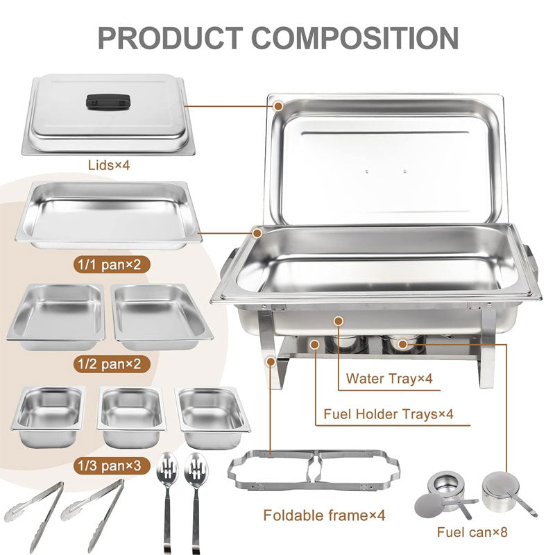 4-Pack 8QT Stainless Steel Hot Pot Buffet Set, Pan Food Warmer For Party, Buffet, Banquet, Etc.