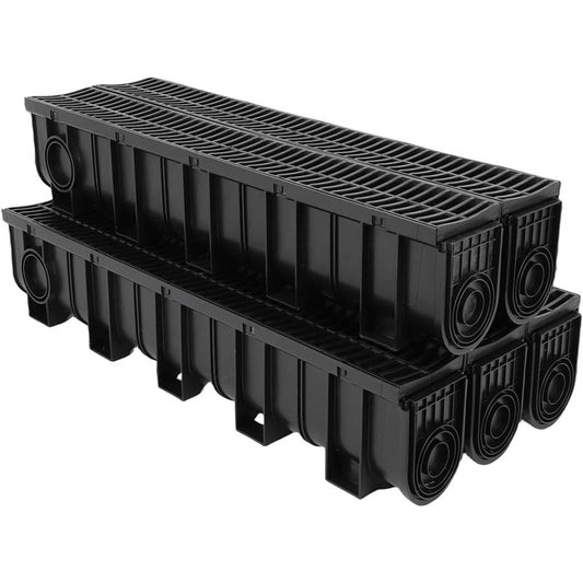 5 Pack Channel Drain with Plastic Grate 5.9x7.5-Inch Drainage Trench with 5 End Caps  for Garden, Driveway