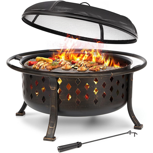 Charcoal Fire Pit 36 Inch Fire Bowl for Outdoor Large Wood Burning Cross Weave Fireplace Heavy Duty Steel Bronze Campfire Pit for Patio Backyard Garden with BBQ Grill Spark Screen