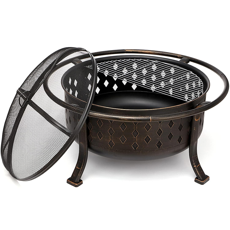 Charcoal Fire Pit 36 Inch Fire Bowl for Outdoor Large Wood Burning Cross Weave Fireplace Heavy Duty Steel Bronze Campfire Pit for Patio Backyard Garden with BBQ Grill Spark Screen