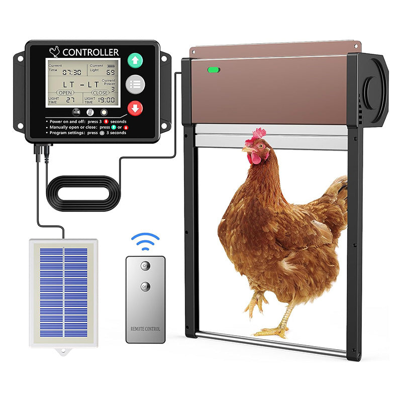 LCD Display Solar Auto Chicken Coop Door Opener with Intelligent Anti-Pinch Induction Timer & Light Sensor Modes for Safe and Convenient Chicken Keeping