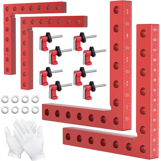 4 Pack 90 Degree Positioning Squares, 5.5"x 5.5" Aluminum Alloy Woodworking Corner Clamps with 4 Clamps & Gaskets and Gloves