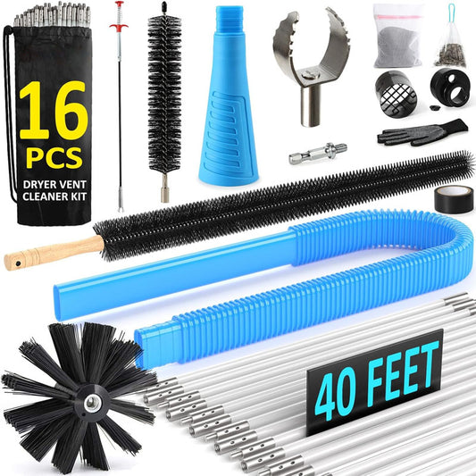 16-Piece  40 FEET Or 30 FEET Dryer Vent Cleaner Kitwith Dryer Vent Brush  Vacuum Cleaner Hose Attachment Flexible Lint Trap Brush Vacuum & Dryer Adapters