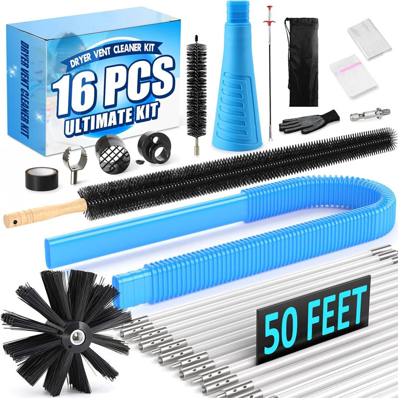 16-Piece 50 Feet All-Round Dryer Vent Cleaning Brushes Kit  with Dryer Vent Brush Vacuum Cleaner Hose Attachment Flexible Lint Trap Brush