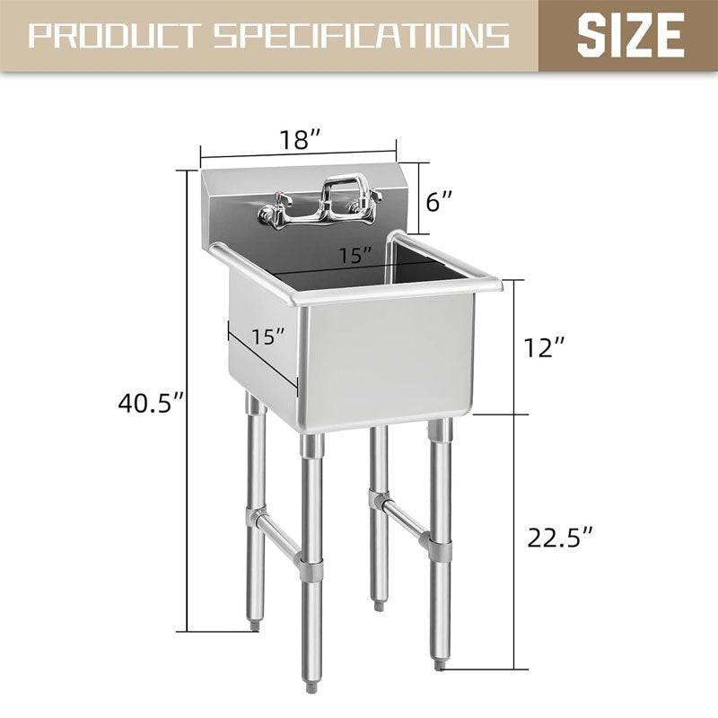 Commercial Stainless Steel Sink With Faucet 15 x 15 x 12 Inch For Bars, Restaurants, Kitchens, Hotels And Homes