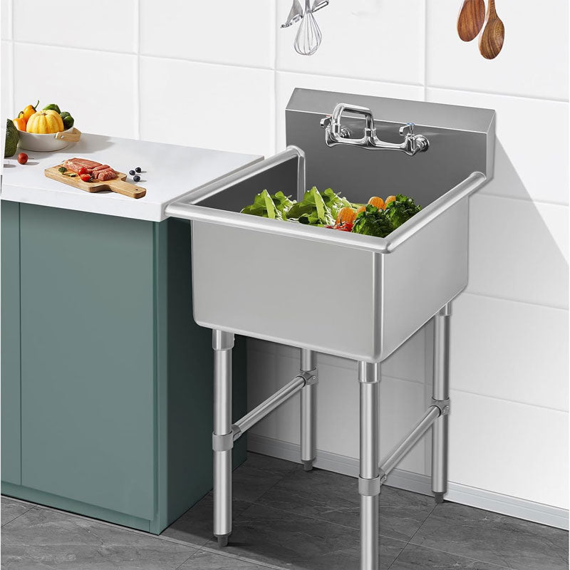 Commercial Stainless Steel Sink With Faucet 15 x 15 x 12 Inch For Bars, Restaurants, Kitchens, Hotels And Homes