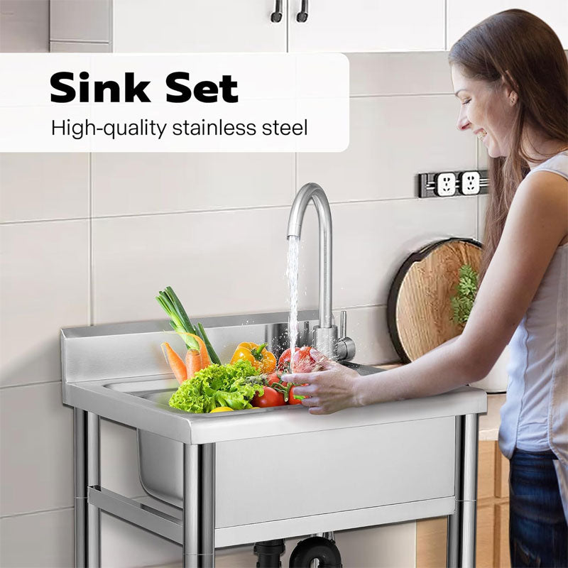 Stainless Steel Sink With Hot And Cold Water Faucet, Freestanding Commercial Kitchen Single Bowl Sink