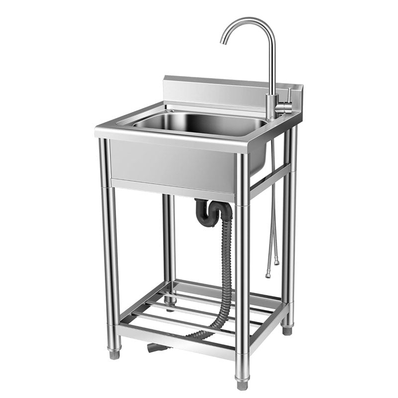 Stainless Steel Sink With Hot And Cold Water Faucet, Freestanding Commercial Kitchen Single Bowl Sink