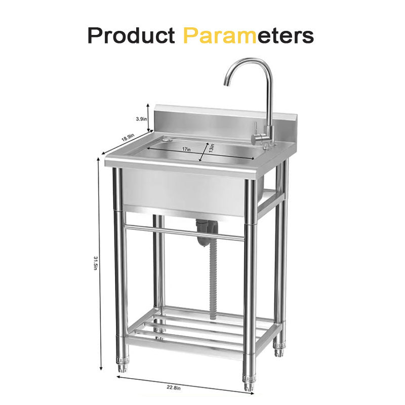 Stainless Steel Sink With Hot And Cold Water Faucet, Freestanding Commercial Kitchen Single Bowl Sink