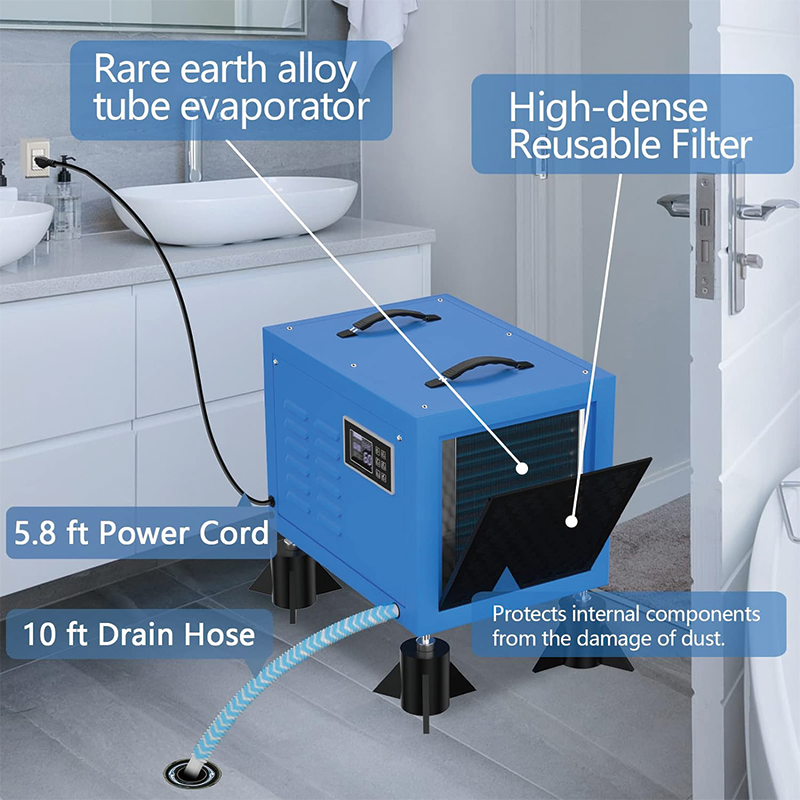 158 Pints Commercial Dehumidifier,with Drain Hose,for Basement,Crawl Space& Job Sites,Auto Defrost,Memory Starting,Washable Filter(Blue)